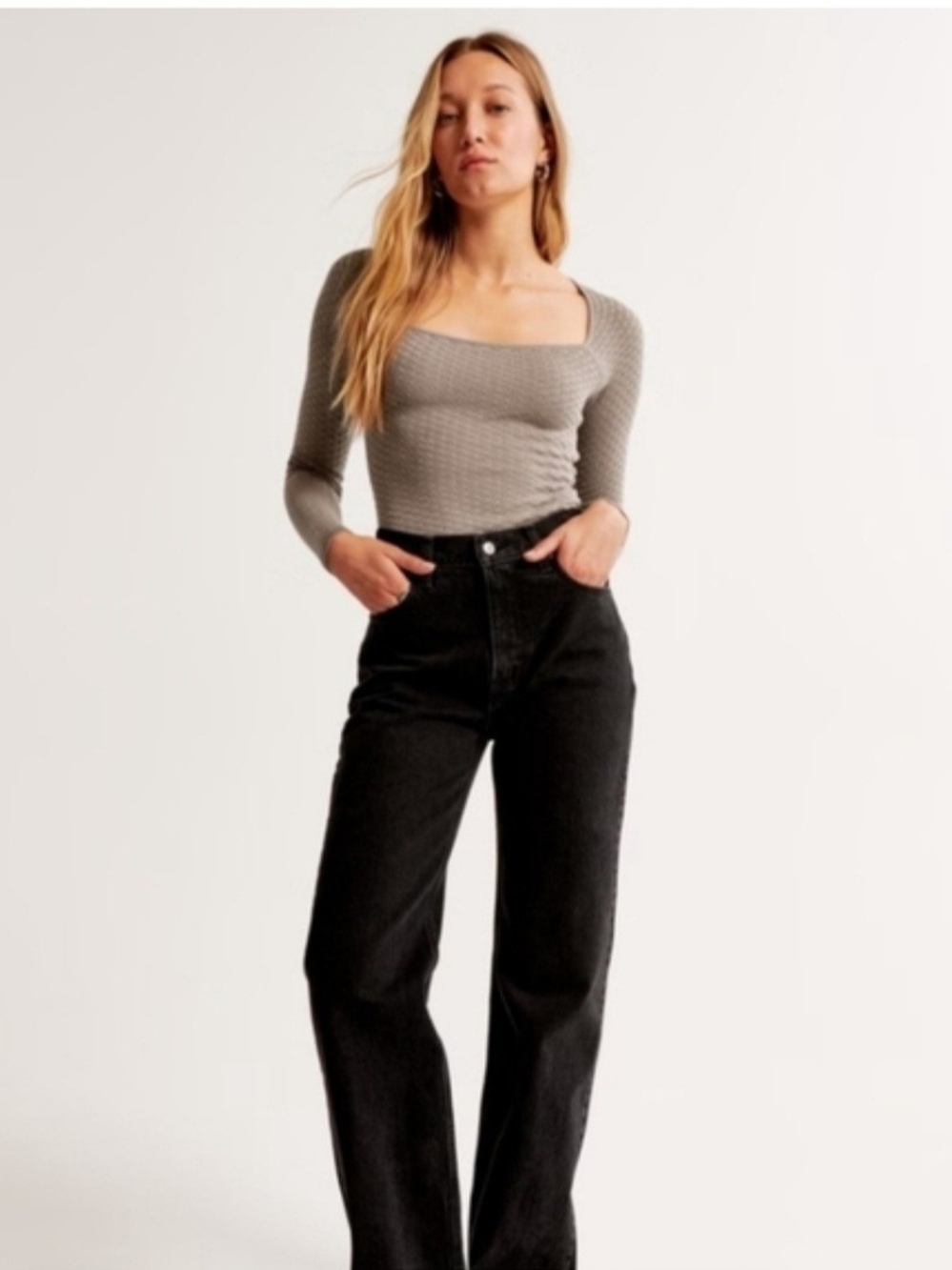 Abercrombie & Fitch Gray Square-Neck Ribbed Bodysuit